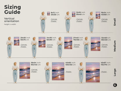 Visualize the sizing guide for ocean sunset canvas and poster art. Vertical orientation options include small medium and large sizes. Select the perfect coastal landscape print. Transform your living space with beach waves painting. Enhance your home decor canvas.