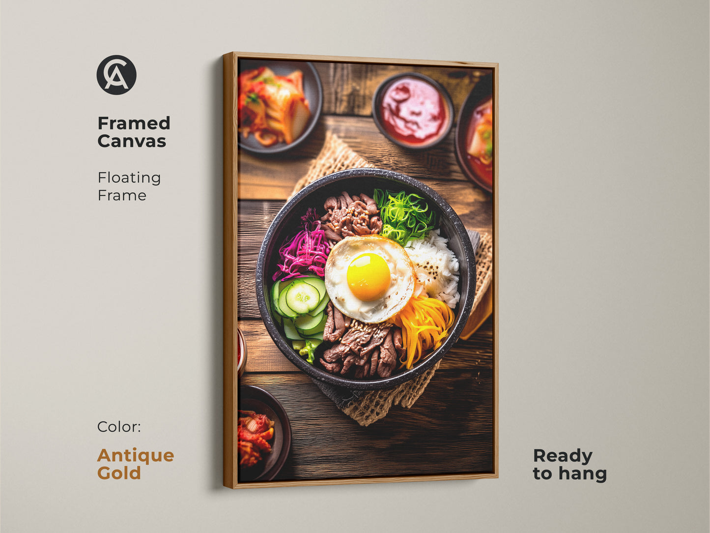 Framed canvas in a floating antique gold frame showcasing Bibimbap artwork. This Korean food photography brings a touch of elegance to your kitchen decor. With beef vegetables and a fried egg it's a delightful Asian cuisine piece.