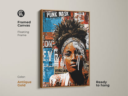 Framed canvas showcasing a punk mask woman portrait art. The urban street art collage features bold colors. The floating frame gives it a modern look. It is ready to hang. The antique gold frame accentuates this alternative music decor. This is a unique home decor gift. It adds character to any space.
