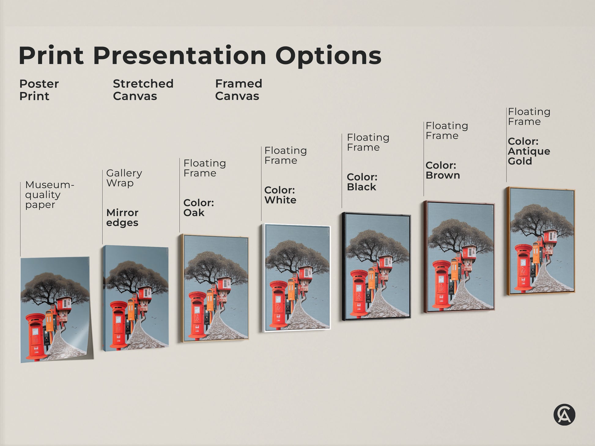 Print presentation options showcasing surreal treehouse art. Poster print stretched canvas and framed canvas options are displayed. A variety of floating frame colors like black brown antique gold and white are available. Elevate your space with eclectic artwork.