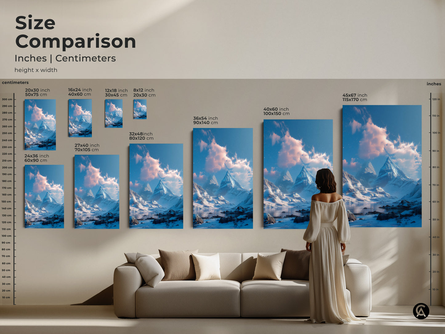 Size comparison of winter mountain artwork in inches and centimeters. See how different sizes fit above a sofa with a model for scale. Choose the perfect dimensions for your canvas or poster print to enhance your space.