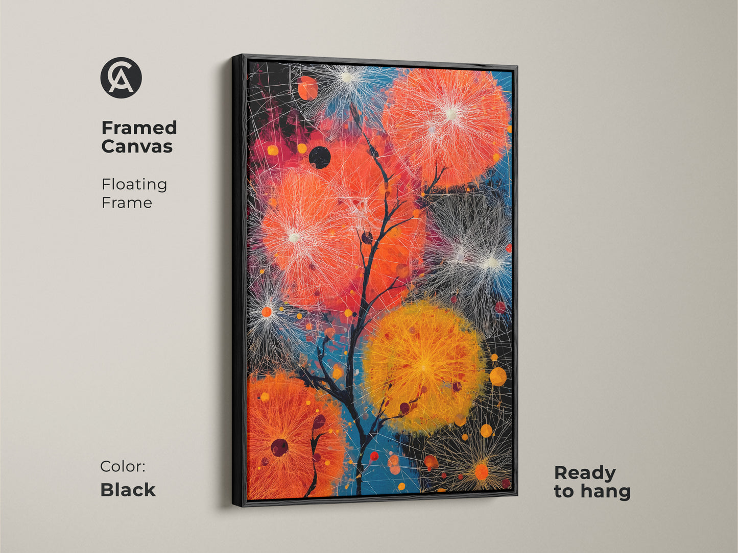 Black framed canvas featuring orange & blue abstract dandelions. A floating frame enhances the contemporary art. Ready to hang this modern wall decor adds a touch of nature. Ideal housewarming gift for art lovers looking for a unique piece.