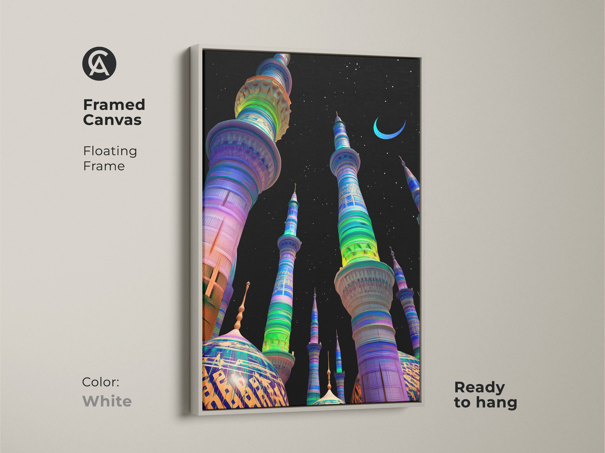 This framed canvas print features a floating white frame. The vibrant mosque digital artwork displays blue green and purple hues against a night sky with a crescent moon. This Islamic artwork is ready to hang and will enhance any room.