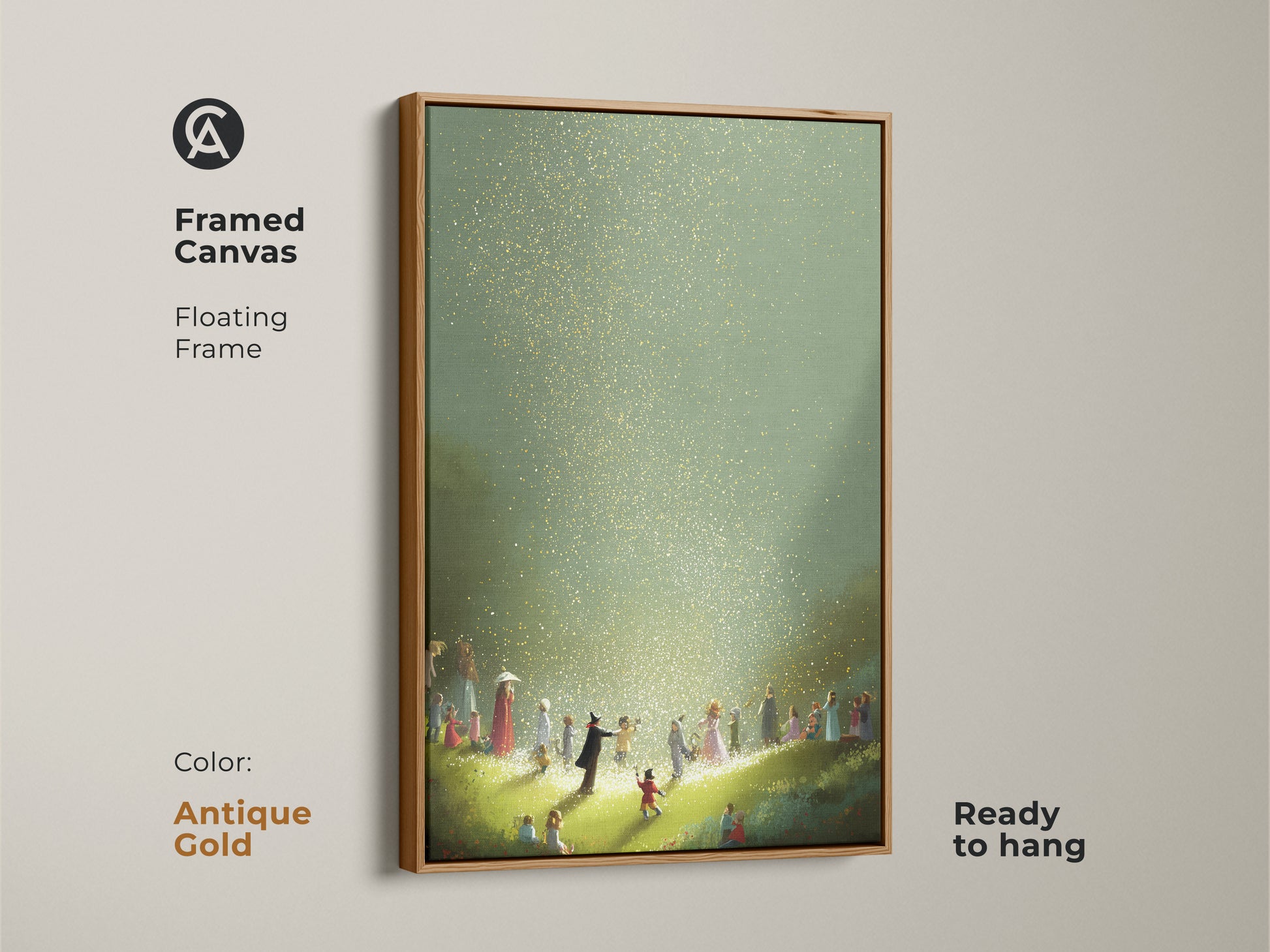 Antique gold framed canvas print of a whimsical children art piece. It shows a magical light scene in gold and green tones. This fantasy art is ready to hang and brings an eclectic touch to your home decor. Perfect for a nursery or kids' bedroom it adds a sense of childhood magic.