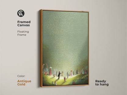 Antique gold framed canvas print of a whimsical children art piece. It shows a magical light scene in gold and green tones. This fantasy art is ready to hang and brings an eclectic touch to your home decor. Perfect for a nursery or kids' bedroom it adds a sense of childhood magic.