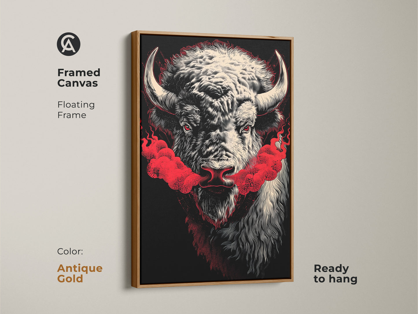 A framed canvas print of a buffalo head. Red smoke comes from the buffalo's nose. The frame is antique gold and the canvas is ready to hang. Buy this unique buffalo artwork for your home. The gold frame is sure to impress.