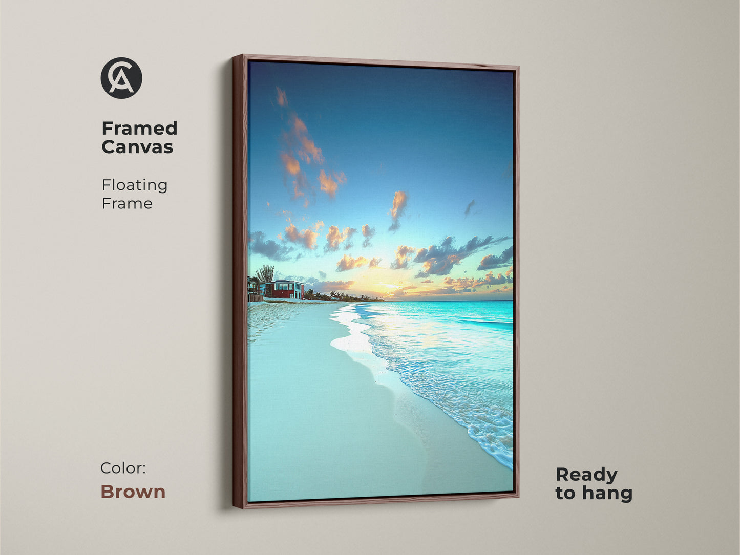 Framed canvas has a brown floating frame around photorealistic ocean waves. Sunset beach artwork brings a coastal landscape to any space. A great housewarming gift.