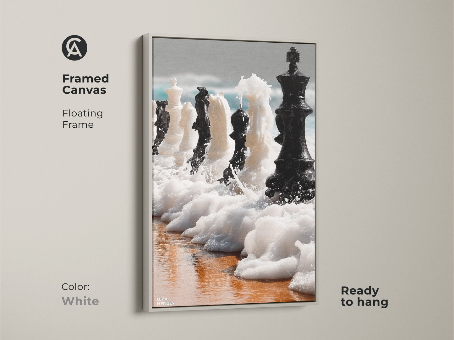 Framed canvas showcasing abstract chess art. A floating frame enhances this surreal ocean waves art. A white frame complements the black and white chess print. Ready to hang in any office. Find unique office wall decor art.