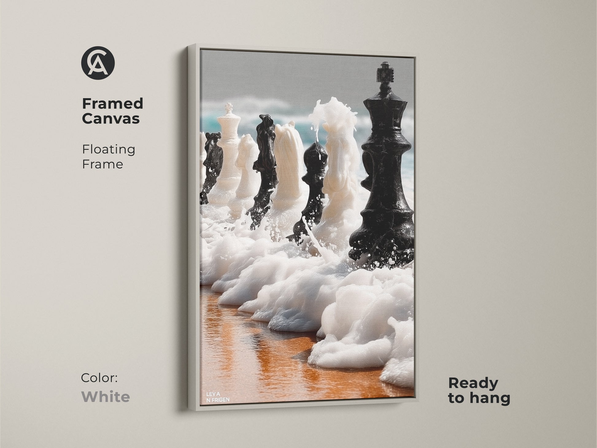 Framed canvas showcasing abstract chess art. A floating frame enhances this surreal ocean waves art. A white frame complements the black and white chess print. Ready to hang in any office. Find unique office wall decor art.