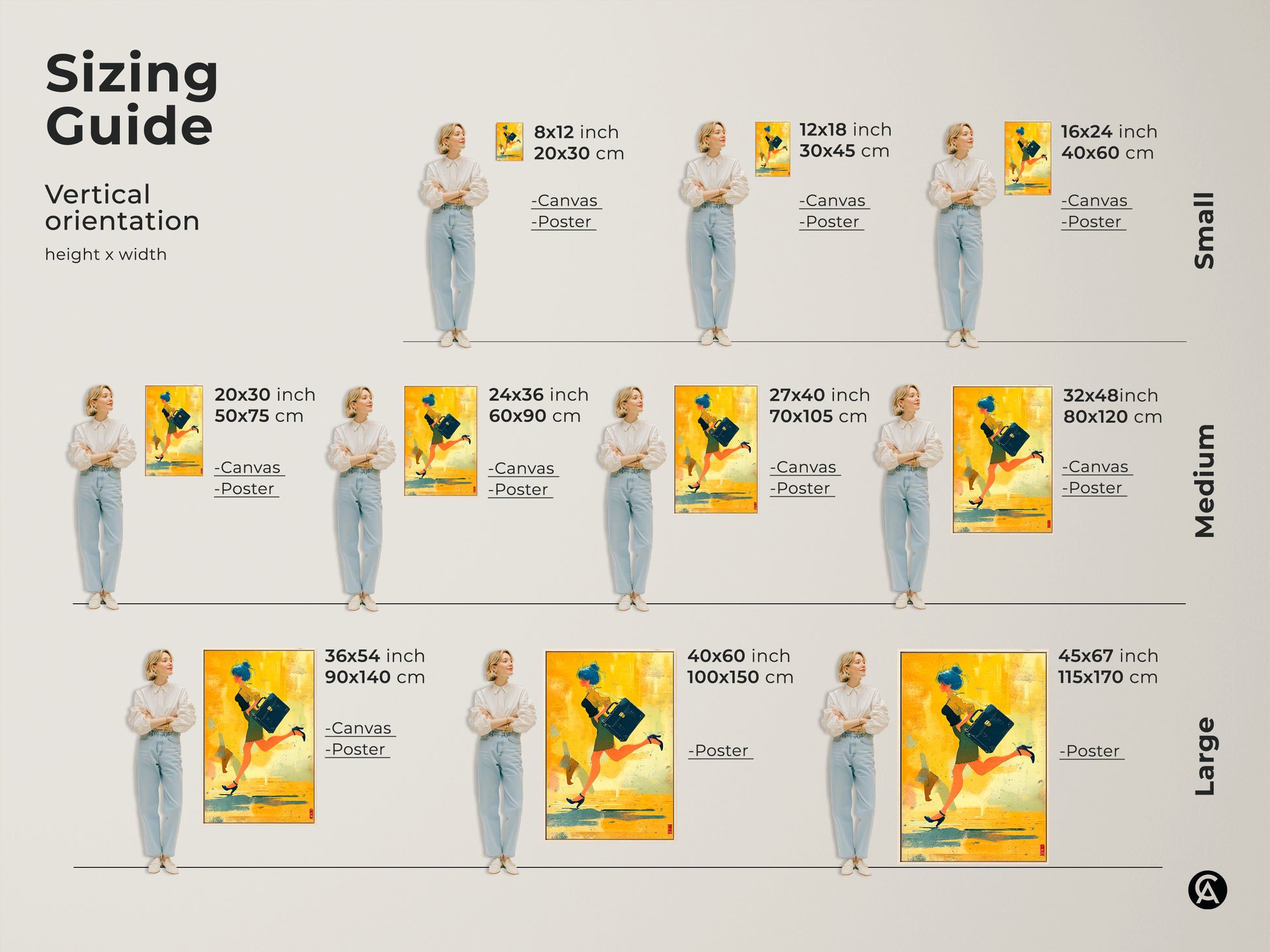 Sizing guide for vertical orientation abstract woman with briefcase art. Available as canvas or poster print in various sizes. See how this modern abstract art fits your space.