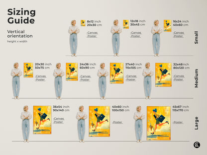Sizing guide for vertical orientation abstract woman with briefcase art. Available as canvas or poster print in various sizes. See how this modern abstract art fits your space.