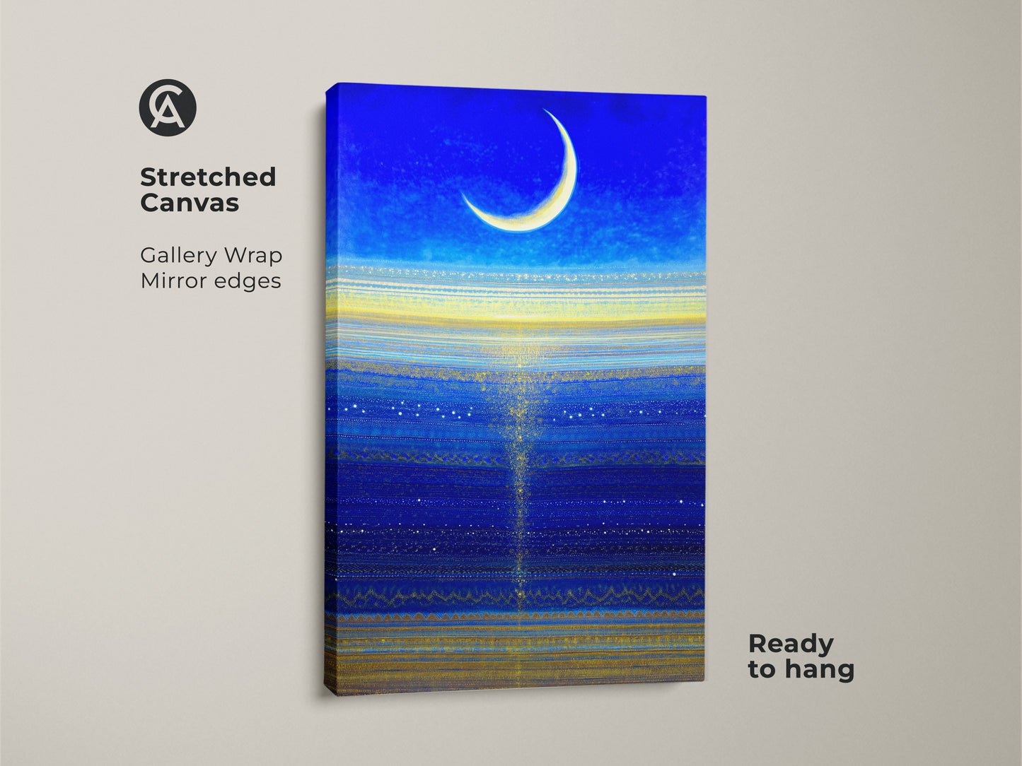Close-up of a celestial moon canvas art on stretched canvas. It shows a deep blue abstract print with yellow stars wall art. Ideal modern bedroom decor.