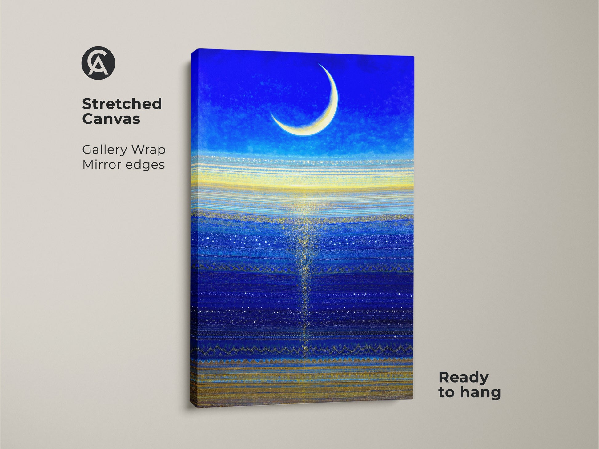 Close-up of a celestial moon canvas art on stretched canvas. It shows a deep blue abstract print with yellow stars wall art. Ideal modern bedroom decor.