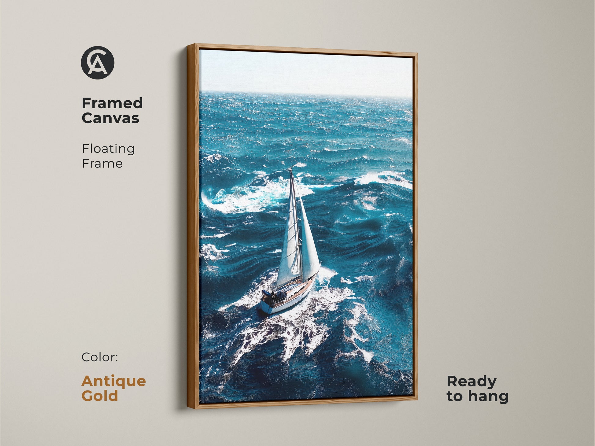 The framed canvas artwork with an antique gold floating frame showcases a sailboat art on ocean waves. The nautical sailboat artwork is ready to hang. Use this blue ocean canvas print as coastal home decor. It adds a touch of the ocean's grandeur.