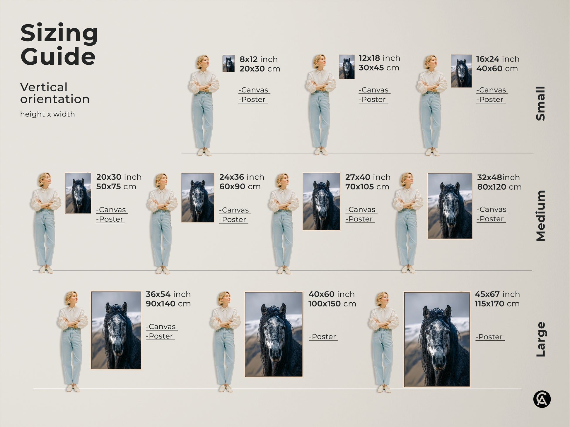 Sizing guide for the dark grey and white horse canvas art. Vertical orientation options are available in small medium and large sizes. Find the perfect fit for your rustic equine wall decor. This photorealistic animal portrait enhances any bedroom or living space. A great gift for horse enthusiasts.