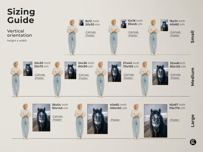 Sizing guide for the dark grey and white horse canvas art. Vertical orientation options are available in small medium and large sizes. Find the perfect fit for your rustic equine wall decor. This photorealistic animal portrait enhances any bedroom or living space. A great gift for horse enthusiasts.
