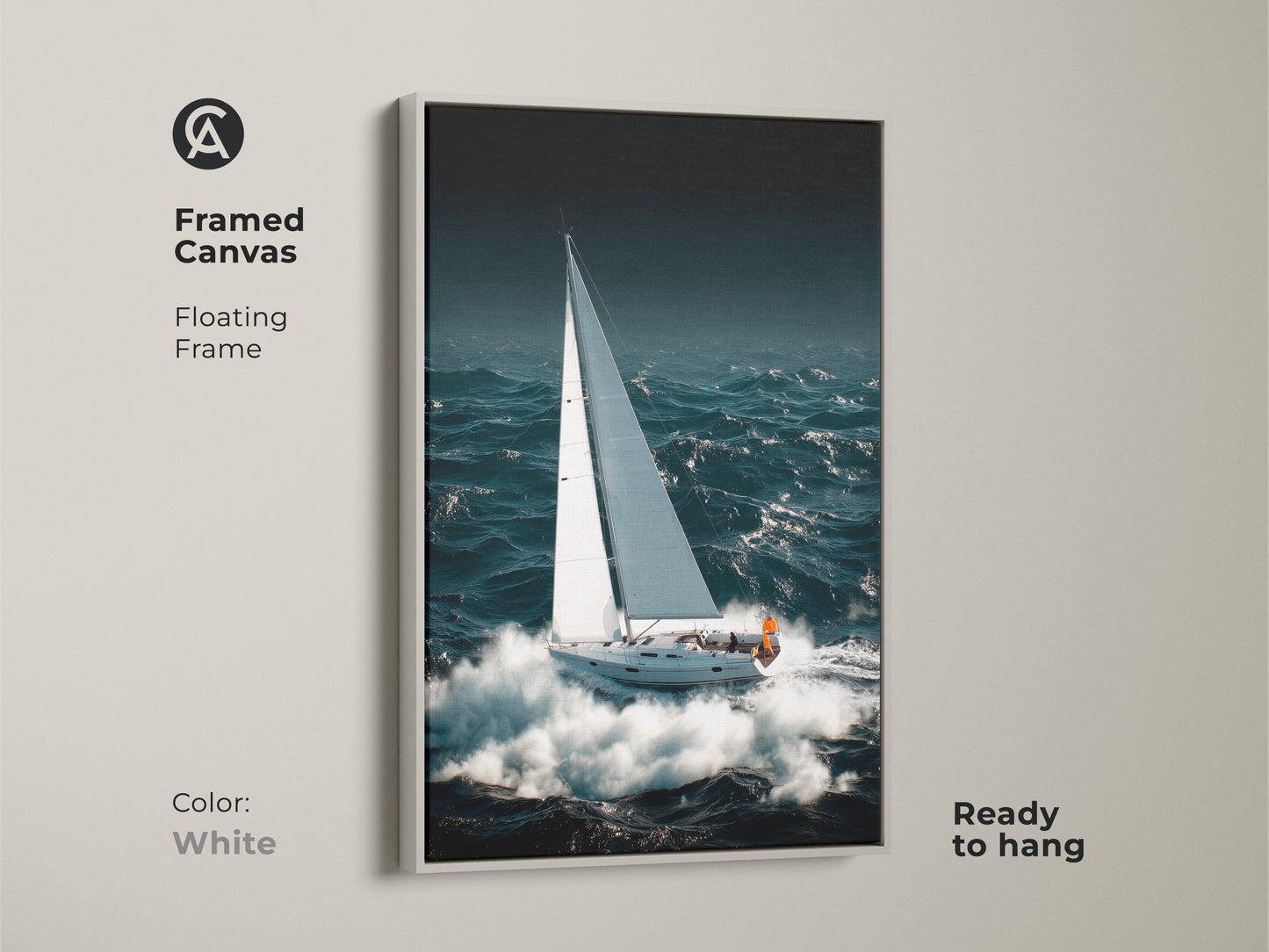 Framed canvas art showcases a sailboat theme artwork. White frame accents nautical ocean waves in deep teal and white creating coastal artwork. Ready to hang it is a gift for boat enthusiasts and sailors.