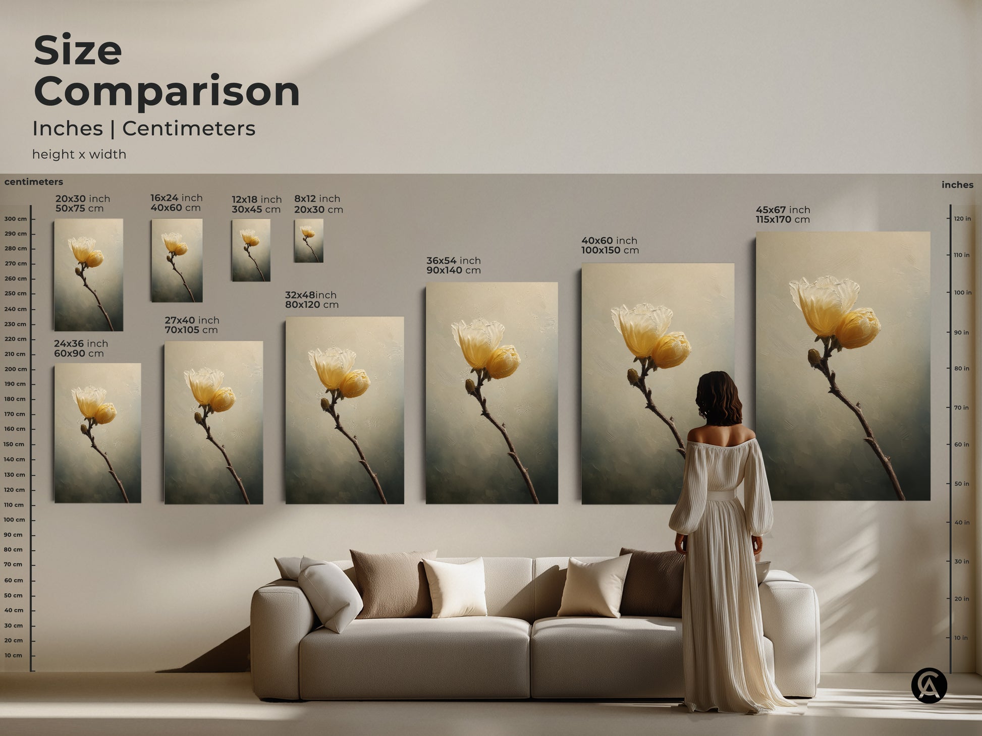 Size comparison of cream yellow flower canvas prints. See how the artwork scales from 20x30 cm to 45x67 inch. Perfect for adding a touch of modern farmhouse to your living room decor.