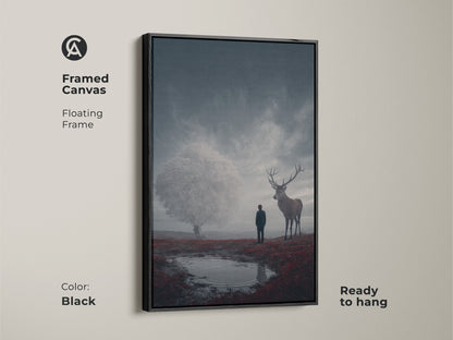 This framed canvas shows eclectic bedroom wall art decor. It features deep blue crimson abstract art. This floating frame canvas comes in black. This adventurous dreamer gift idea is ready to hang on your wall.