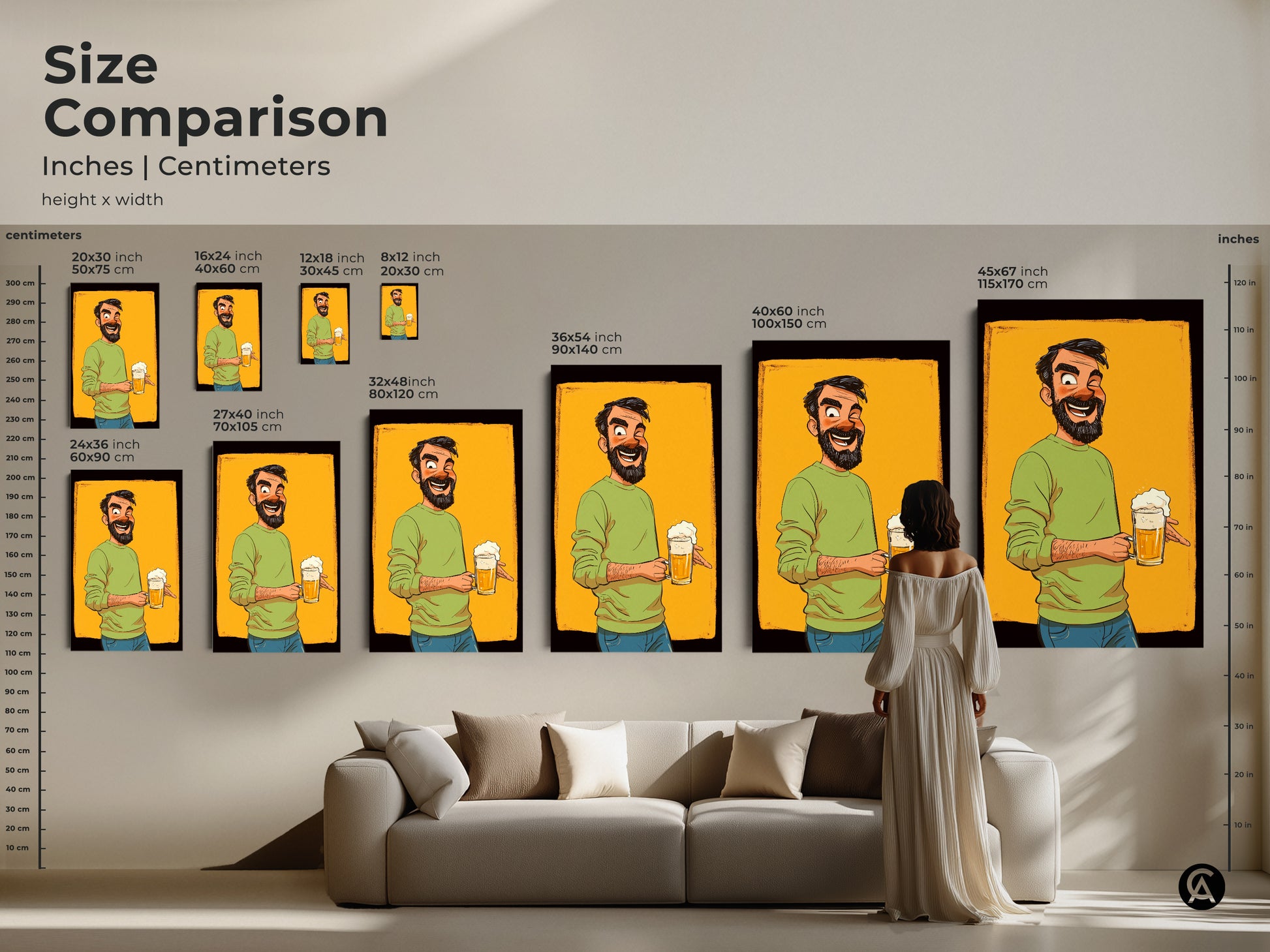 The Size Comparison shows a beer mug cartoon art print in various sizes. See how this funny man art fits in your space. This art is a great beer lover gift. This would be awesome bar decor.
