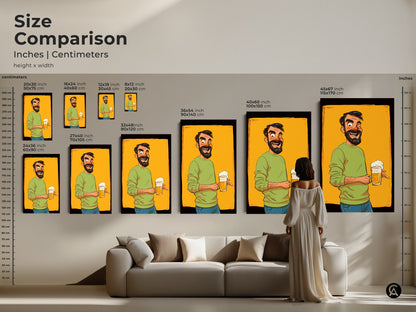 The Size Comparison shows a beer mug cartoon art print in various sizes. See how this funny man art fits in your space. This art is a great beer lover gift. This would be awesome bar decor.