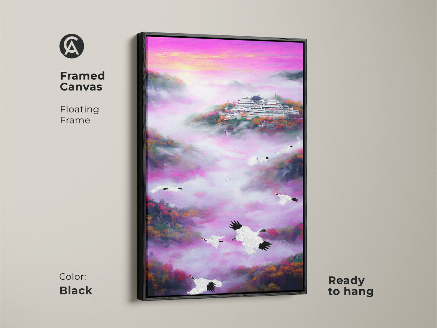 Framed canvas of a crane and pagoda art print. This art shows an Asian landscape with cranes flying in a purple pink gradient. The traditional nature scenery canvas is ready to hang. It is perfect for spiritual bedroom decor or an eclectic living space. The frame is a sleek black color.
