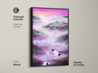 Framed canvas of a crane and pagoda art print. This art shows an Asian landscape with cranes flying in a purple pink gradient. The traditional nature scenery canvas is ready to hang. It is perfect for spiritual bedroom decor or an eclectic living space. The frame is a sleek black color.