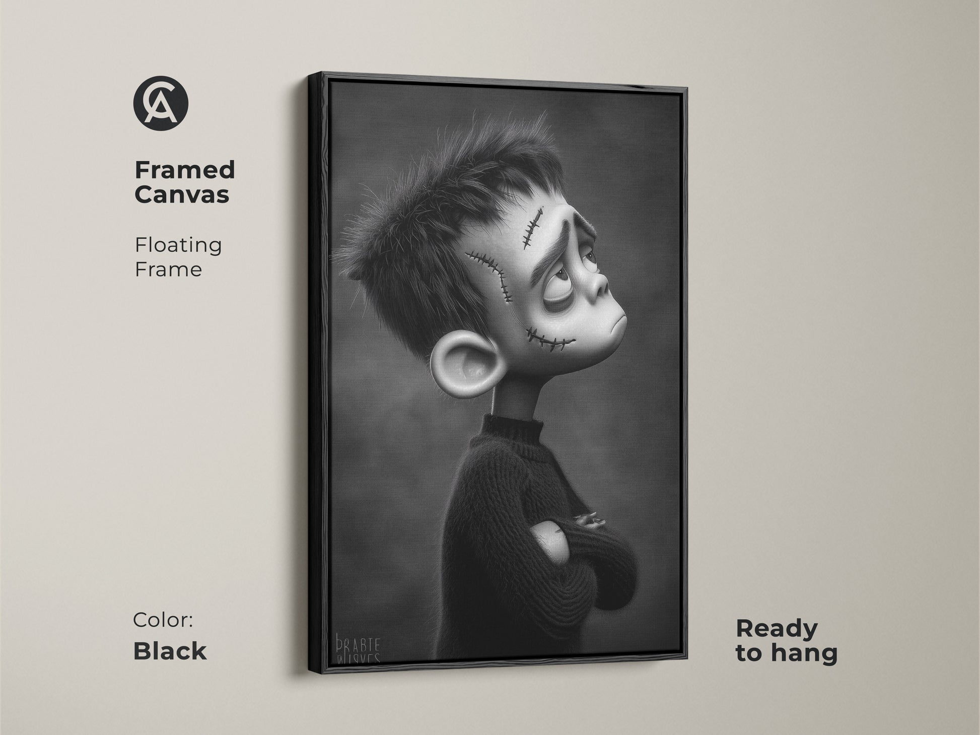 Framed canvas with a floating frame featuring a gothic Frankenstein boy. This ready-to-hang artwork is a unique gift. The black and white monster illustration complements eclectic home decor.