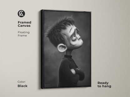 Framed canvas with a floating frame featuring a gothic Frankenstein boy. This ready-to-hang artwork is a unique gift. The black and white monster illustration complements eclectic home decor.