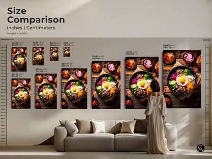Size comparison of Bibimbap art prints. See how this Korean food photography looks in various dimensions. Ideal for planning your kitchen or living room decor with this appetizing Asian cuisine wall artwork.