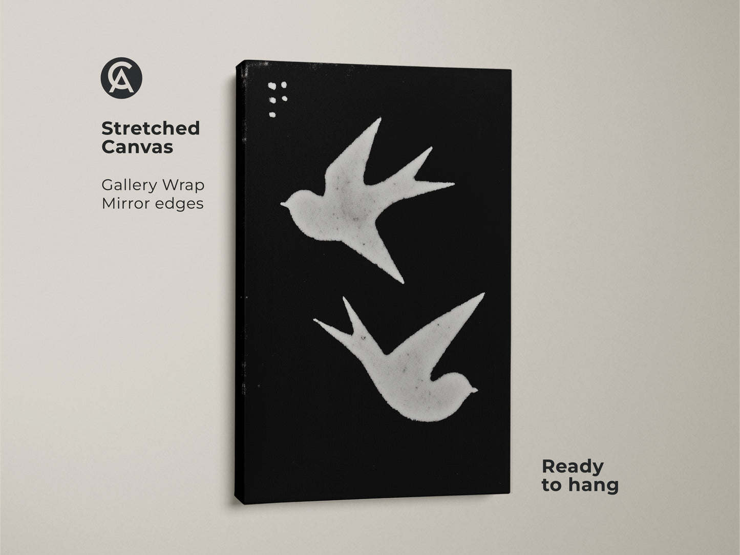Stretched canvas featuring minimalist bird wall art. Abstract swallows print in black and white. Ready to hang for Scandinavian bedroom decor. Modern folk art print adds a touch of nature. The gallery wrap has mirrored edges.