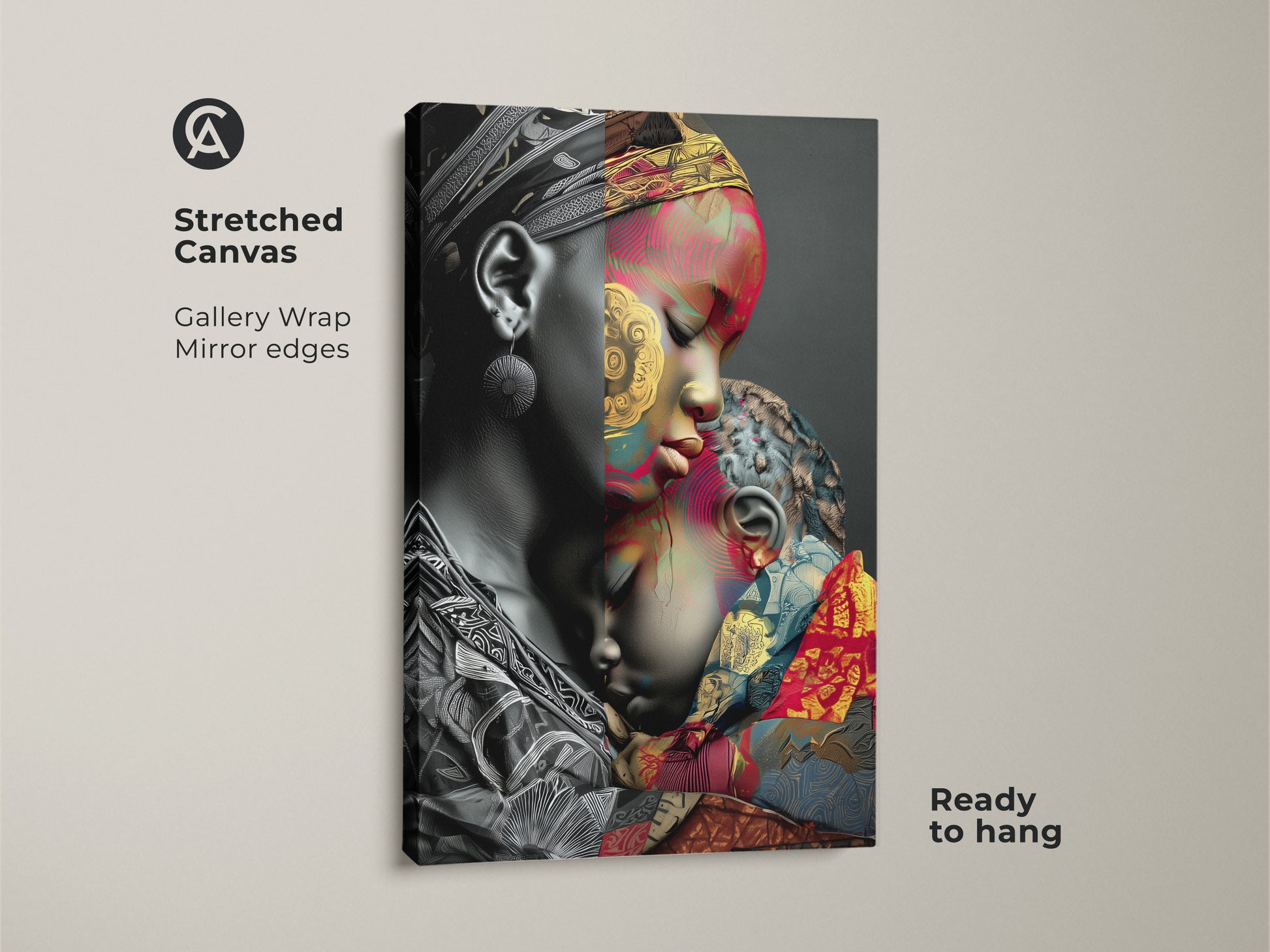 This stretched canvas features a gallery wrap and mirror edges. The 'Mother and Child' artwork is ready to hang. It features an african patterned canvas print. This abstract expressionist art is perfect for contemporary wall decor. Enjoy the gold red and teal colors. This artwork adds to eclectic home interiors.