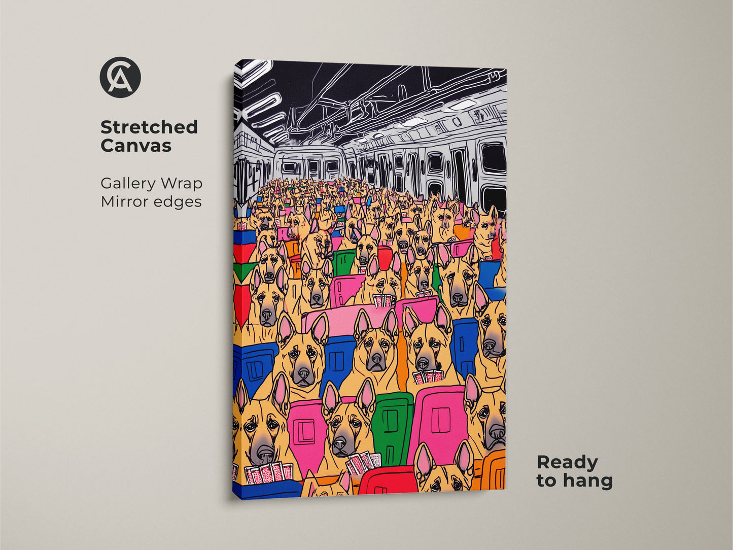 This is a stretched canvas gallery wrap of a pop art dog subway scene. The cartoon dogs fill a subway car in an eclectic mix of colors. The mirror edges and ready to hang format make it easy to display. A great gift for dog lovers.