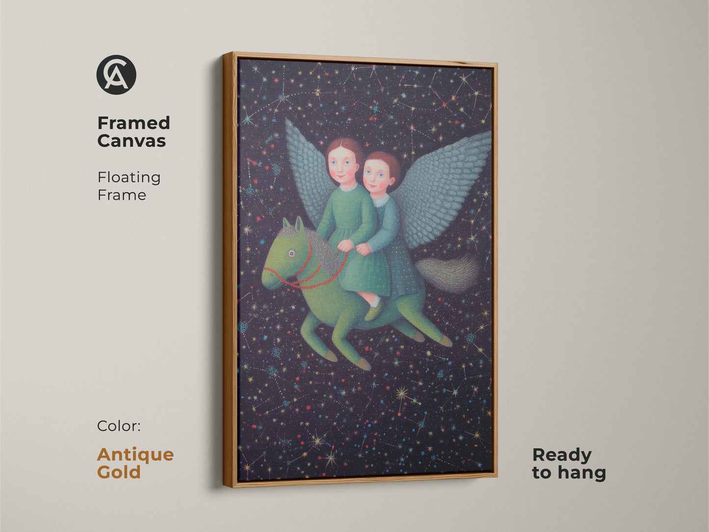 The framed canvas print of children riding a Pegasus is an enchanting piece. The antique gold floating frame enhances the celestial starry night sky. This whimsical artwork is ready to hang adding magic to a kids room or playroom. This makes a unique gift.