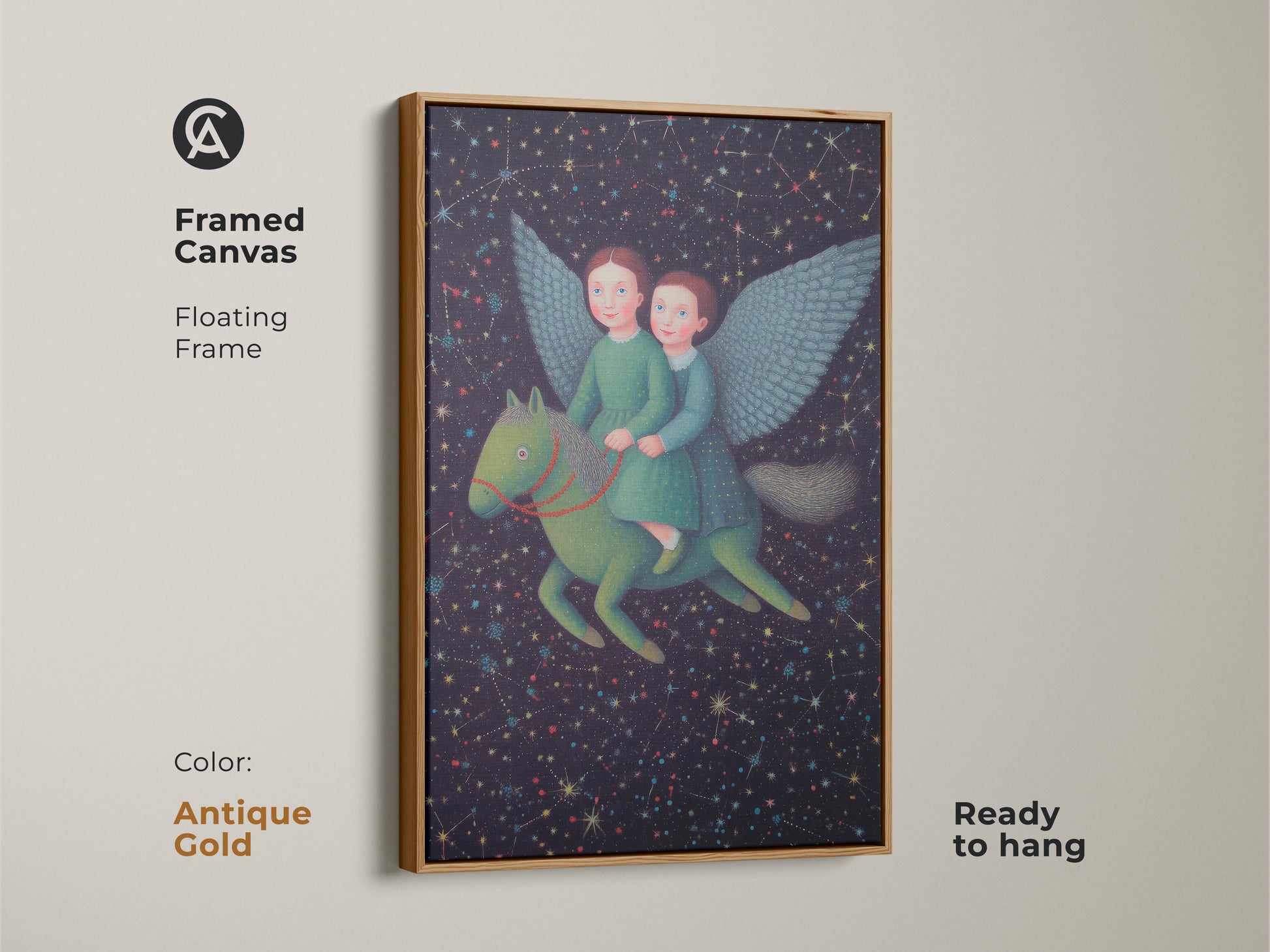 The framed canvas print of children riding a Pegasus is an enchanting piece. The antique gold floating frame enhances the celestial starry night sky. This whimsical artwork is ready to hang adding magic to a kids room or playroom. This makes a unique gift.