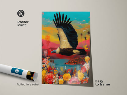 Poster print of a colorful vulture in a tropical paradise. The artwork showcases an eclectic fantasy landscape art piece. It is a unique jungle scene print great for avian wildlife wall hanging.