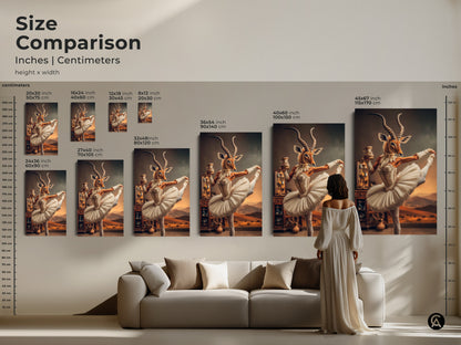 Size comparison of the antelope ballerina art sizes in inches and centimeters. See how the surreal animal art fits above a sofa. Options ranging from small to large. Perfect for eclectic bedroom wall decor.  The white tutu and gold accents bring elegance.