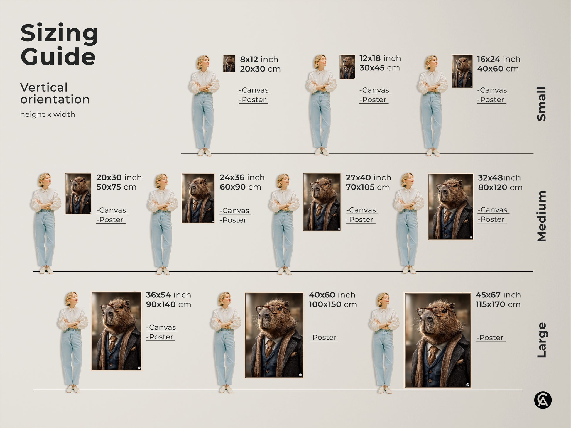 This sizing guide showcases the vertical orientation of the capybara artwork available in sizes from 8x12 to 45x67 inches. The canvas and poster art prints are modeled to show scale making it easy to choose the perfect size.
