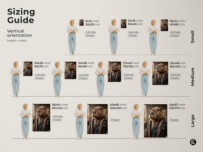 This sizing guide showcases the vertical orientation of the capybara artwork available in sizes from 8x12 to 45x67 inches. The canvas and poster art prints are modeled to show scale making it easy to choose the perfect size.