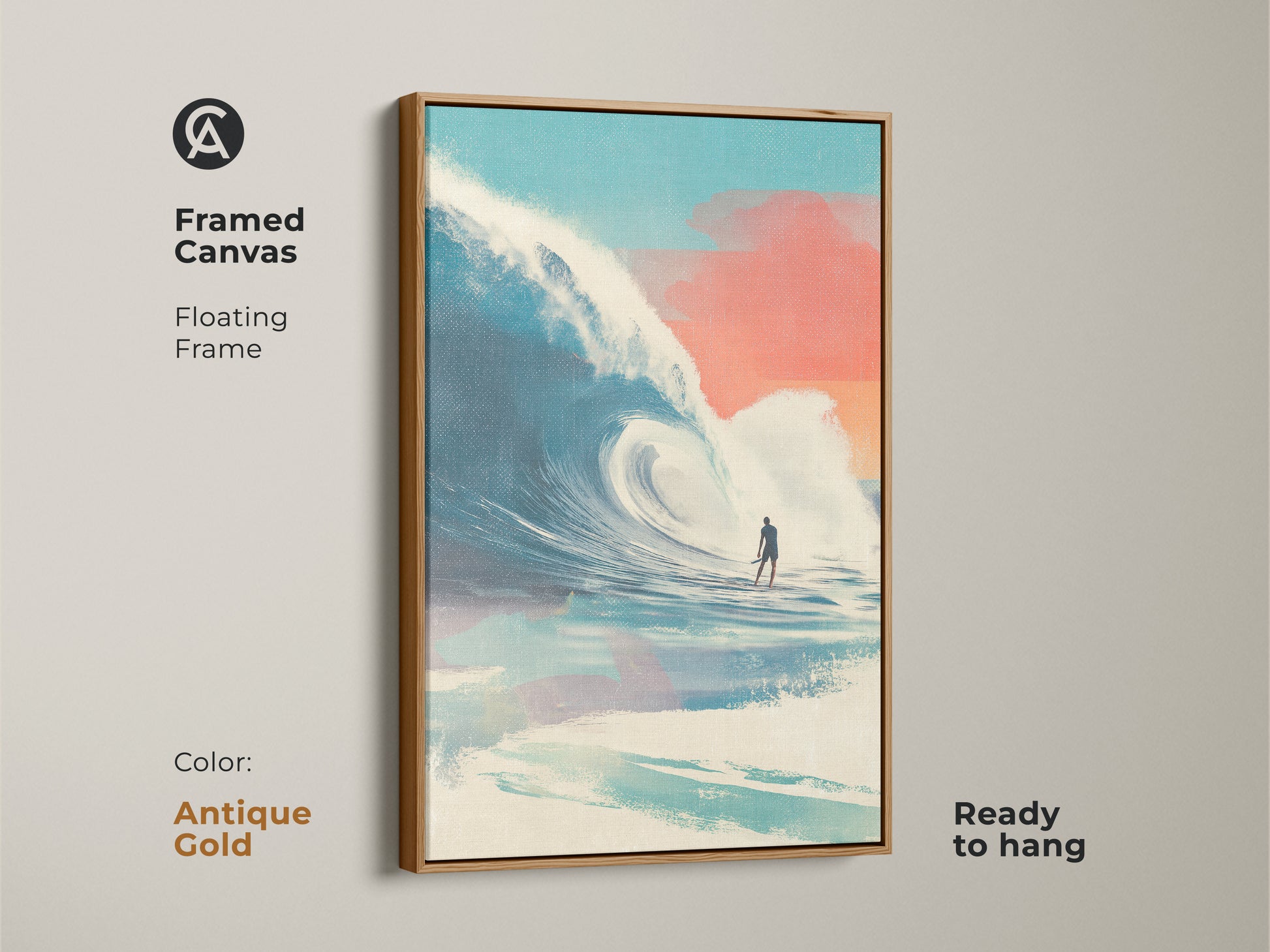 Antique gold framed canvas featuring surfing artwork. The art features a surfer riding a large wave. The floating frame adds elegance to the artwork. It's ready to hang. This artwork brings a touch of vintage coastal charm to your home. Ideal for classic interiors.