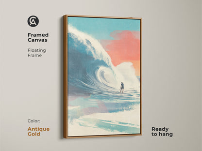 Antique gold framed canvas featuring surfing artwork. The art features a surfer riding a large wave. The floating frame adds elegance to the artwork. It's ready to hang. This artwork brings a touch of vintage coastal charm to your home. Ideal for classic interiors.