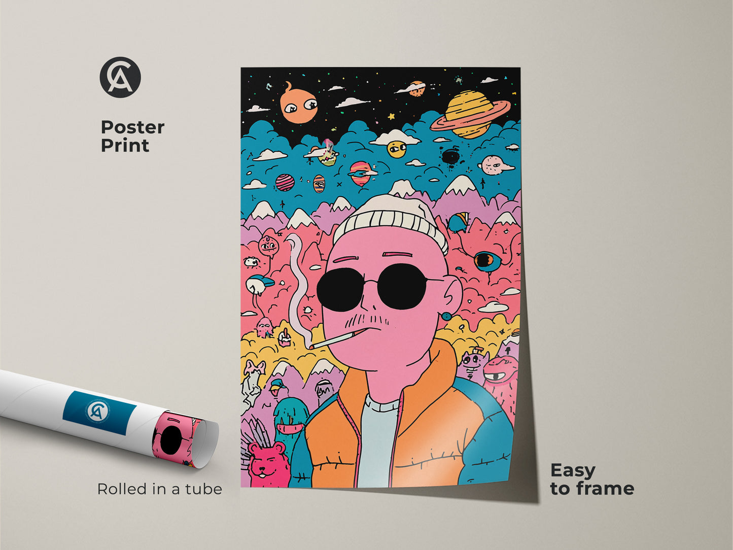Poster print of a surreal artwork. The image shows a pink man with sunglasses smoking. Planets mountains and colorful creatures are in the background. It ships rolled in a tube for protection. This unique poster art is easy to frame. A great addition to any art collection.