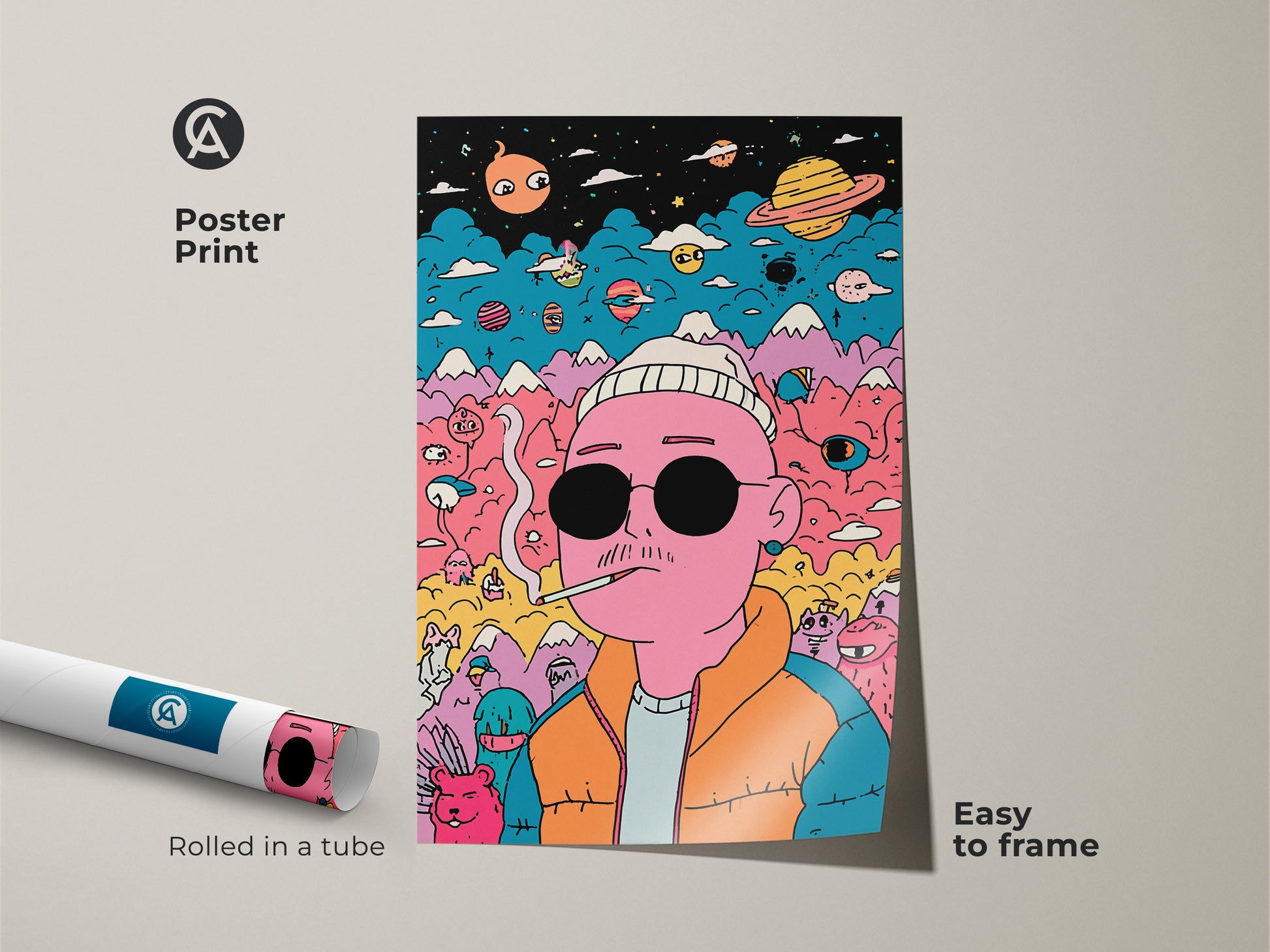 Poster print of a surreal artwork. The image shows a pink man with sunglasses smoking. Planets mountains and colorful creatures are in the background. It ships rolled in a tube for protection. This unique poster art is easy to frame. A great addition to any art collection.