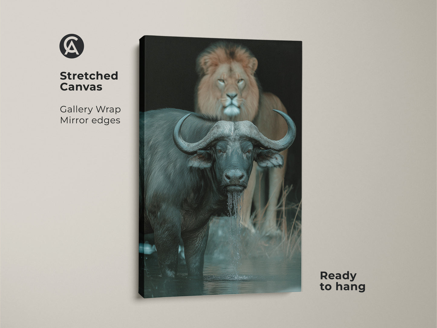 This stretched canvas displays a buffalo and lion in an African wildlife scene. Gallery-wrapped with mirrored edges this animal photography wall art is ready to hang. The canvas print is perfect for adding nature-inspired artwork to your study or office. It blends dark teal grey and brown tones for a dramatic savanna look.