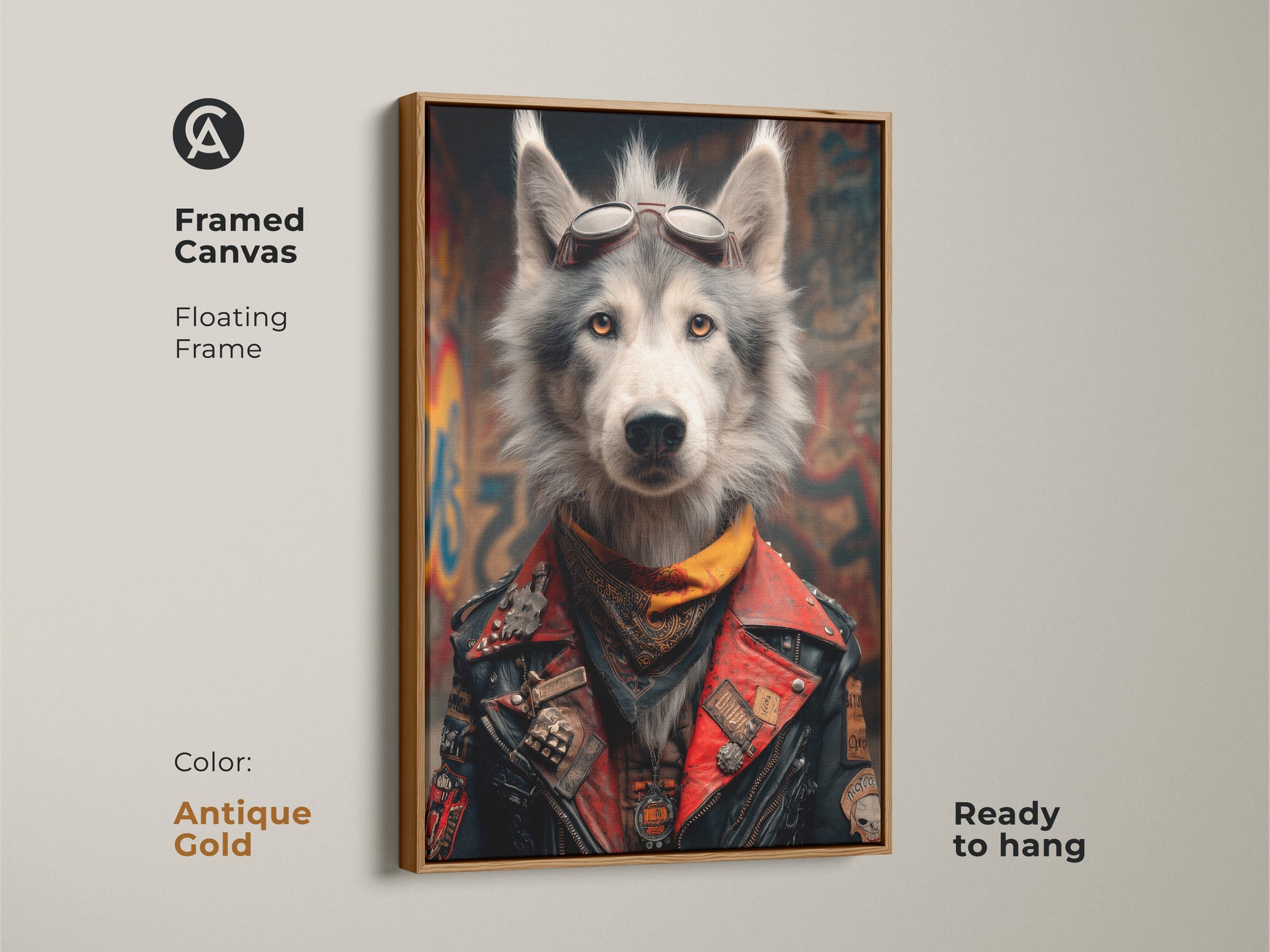 Add a touch of punk rock style with this framed canvas. Featuring a Biker Wolf with an antique gold floating frame. This red and grey motorcycle art is ready to hang. This cool wolf artwork with aviator goggles and jacket is perfect for a man cave. It's a great biker gift
