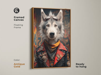 Add a touch of punk rock style with this framed canvas. Featuring a Biker Wolf with an antique gold floating frame. This red and grey motorcycle art is ready to hang. This cool wolf artwork with aviator goggles and jacket is perfect for a man cave. It's a great biker gift