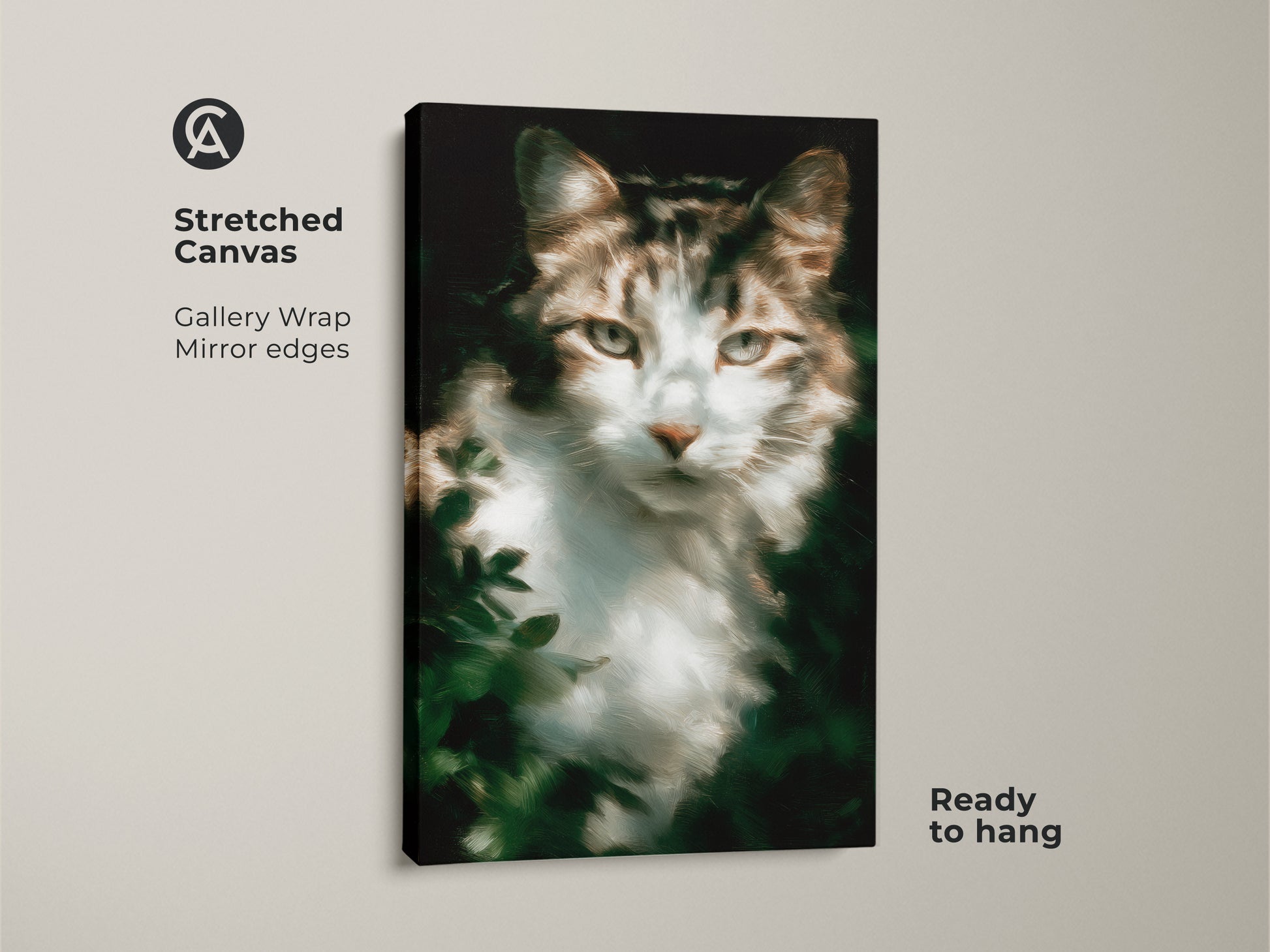 Stretched canvas print featuring a tabby cat artwork. The gallery wrap showcases mirrored edges. It's ready to hang. A delightful piece for cat enthusiasts. Transform your living space with this unique feline art.