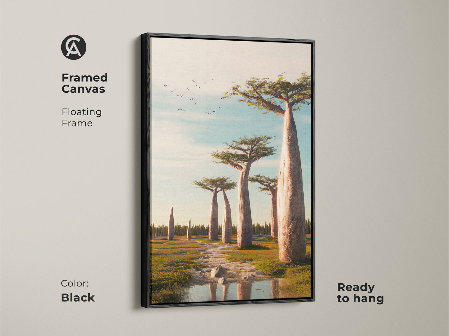 Framed canvas with a floating frame shows a savanna landscape print. The black frame enhances the earthy tones nature art. This boho baobab tree canvas art is ready to hang. This scenic outdoor artwork makes a great travel gift.
