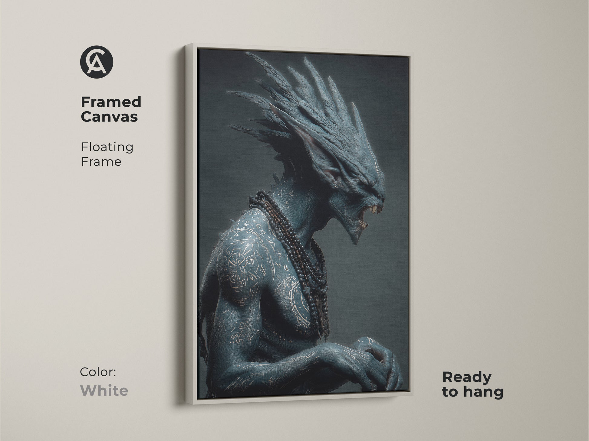 This framed canvas features a floating frame. It showcases a blue alien warrior with elaborate tattoos and a beaded necklace. The white frame enhances the artwork's depth. It is ready to hang bringing sci-fi art to your walls.