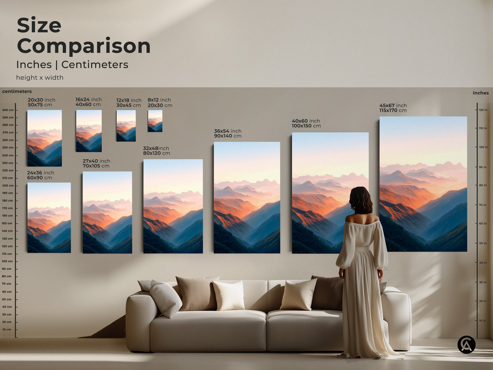 Compare sizes of scenic peach and blue mountain valley art prints. Available in inches and centimeters. Choose from various sizes to fit your wall. Enhance your home decor with contemporary landscape artwork. Perfect for living rooms bedrooms and offices.
